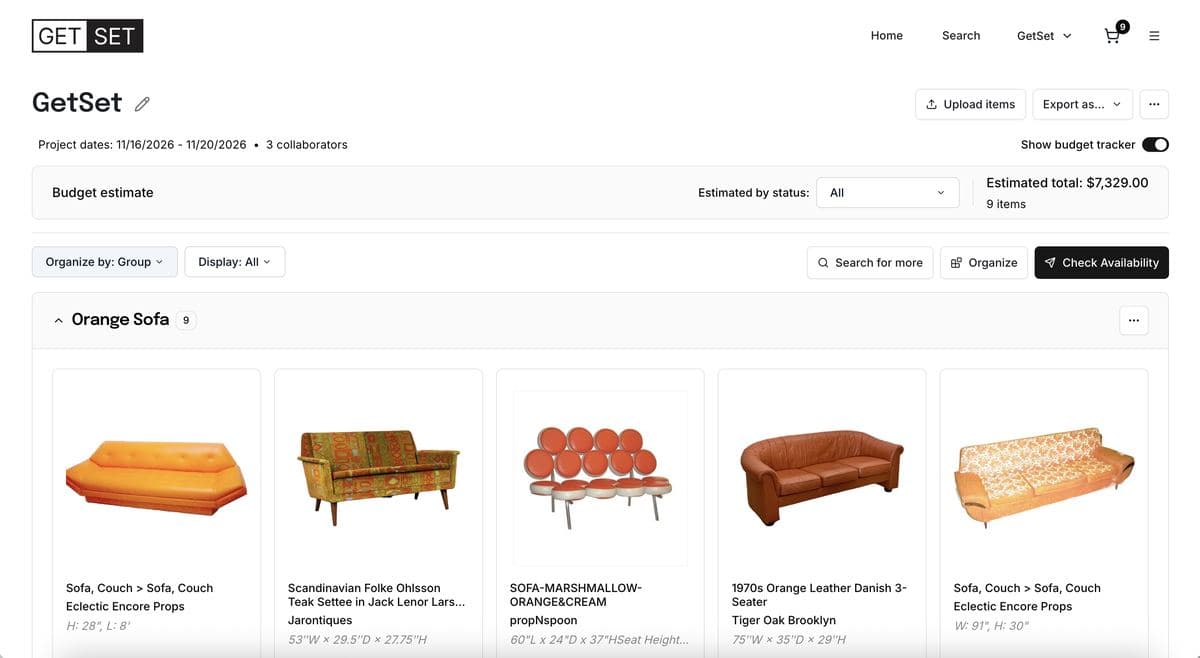 A GetSet project with three collaborators on it, nine props grouped by look