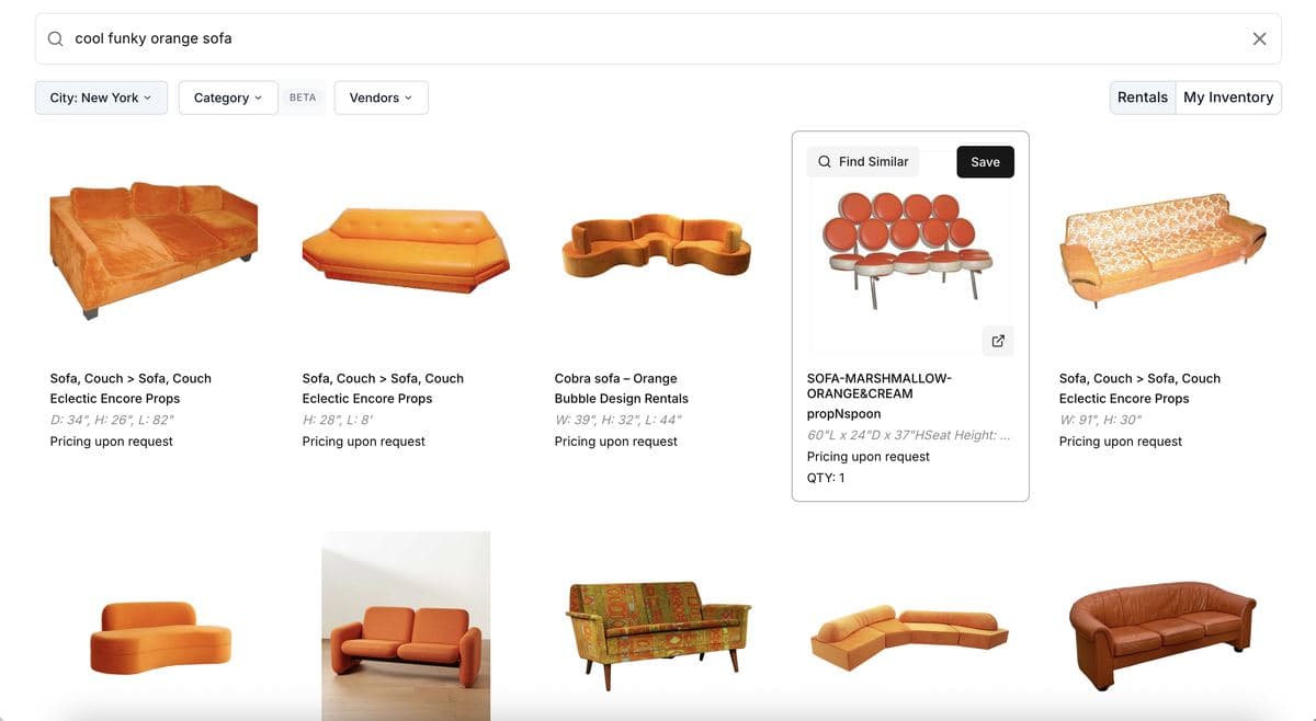 GetSet search results for "cool funky orange sofa", ten sofas from New York vendors