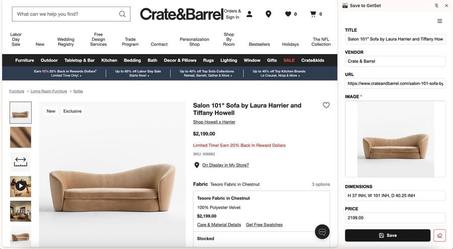 The GetSet browser extension open on a retail product page, title, vendor, dimensions and price already filled in