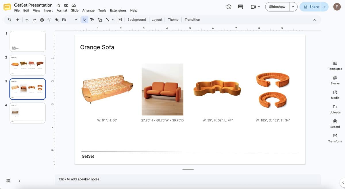 The project exported to Google Slides as a client deck, one slide per group with dimensions under each piece